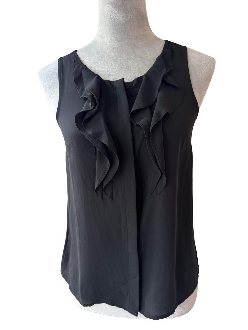 LOFT Petites Black Ruffle Sleeveless Blouse Top XSP Office Siren Coquette Modest